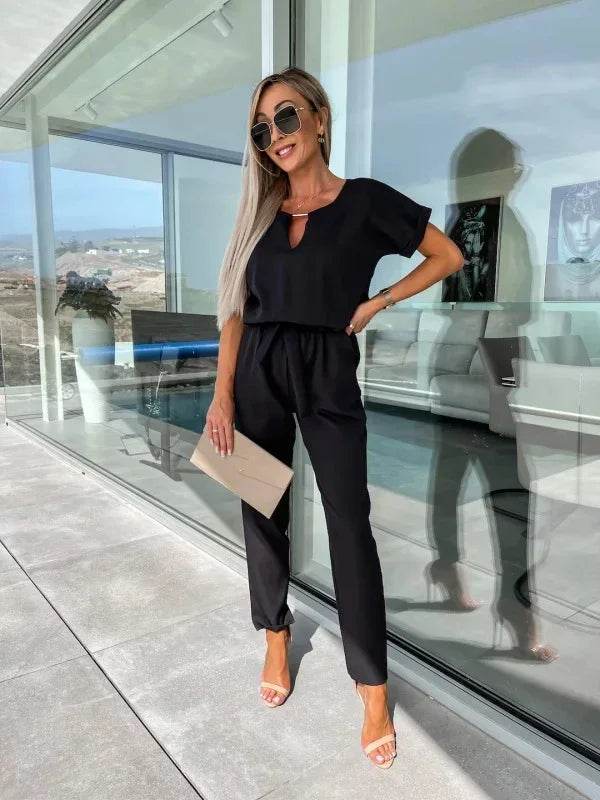 Jumpsuit Women 2023 Solid Color Short Sleeve V-neck Pocket Lace-up Pencil Long Pants Jumpsuits Summer Outfits Bodysuits - AIAZ