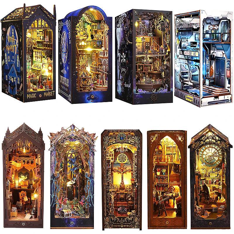 DIY Book Nook Shelf Insert Kit 3D Wooden Puzzle Doll House Assembly Building Model Bookends With Furniture LED Light Xmas Gifts - AIAZ