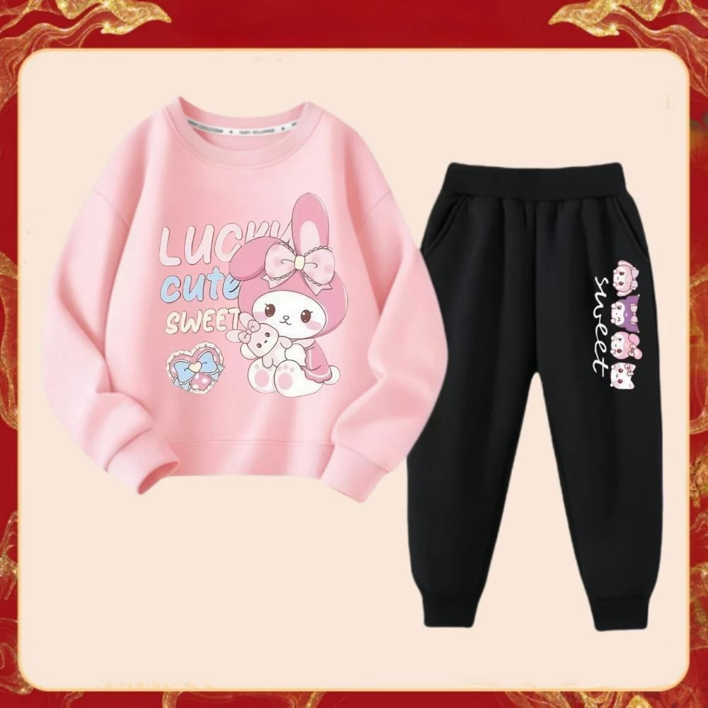 Spring Autumn Children's Sanrio Melody Print Clothes Sets Kids Kawaii Sweatershirts Pullover Tops & Pants 2Pcs Outfit Tracksuit