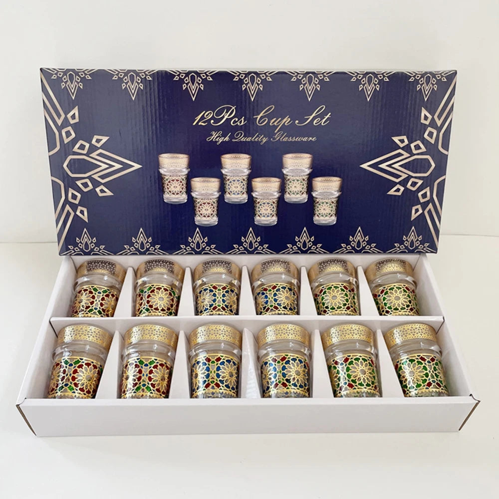 12-piece set, Light luxury style Moroccan glass cup, Türkiye Saudi restaurant tea cup, Mosaic paper gilding water cup, gift cup