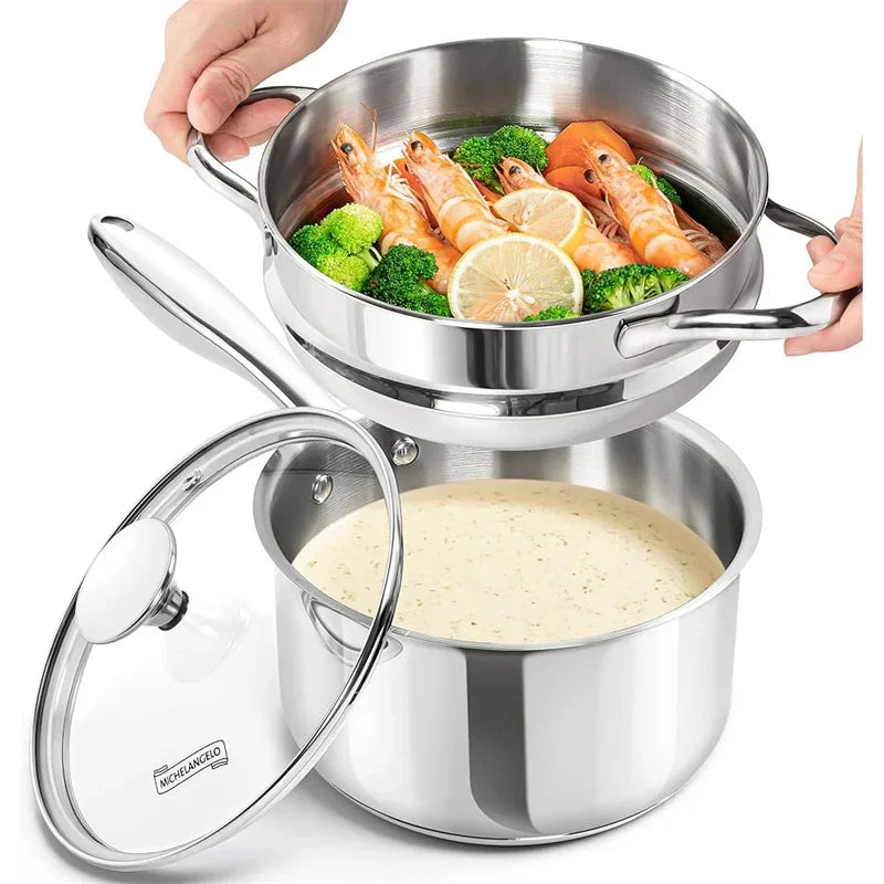 MICHELANGELO Milk Pot Set with Steamer 2.5QT Stainless Steel Saucepan with Lid Steamer Pot with Pour Spout Induction Oven Safe