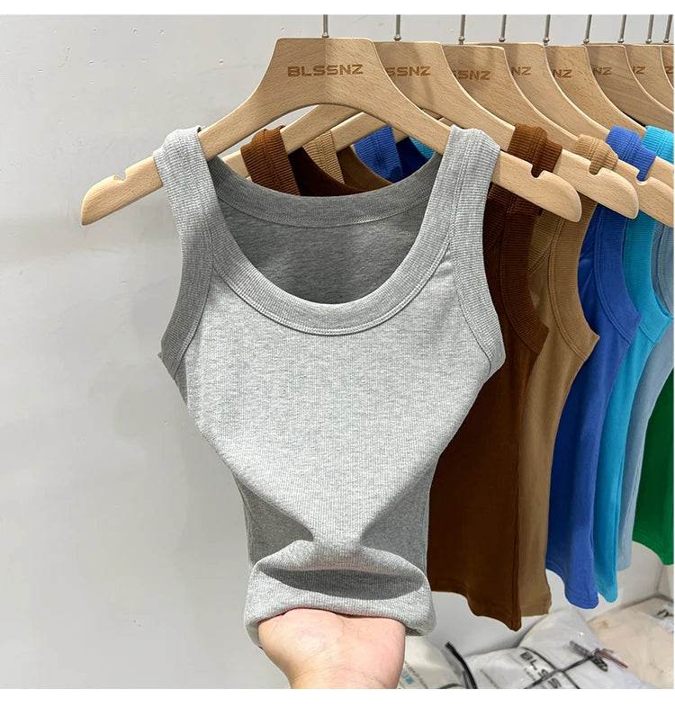 Women Solid Round Neck Ribbed Tank Top Camisole Women 2025 Summer Basic Elastic Tank Top O Neck Solid Tank Top - AIAZ