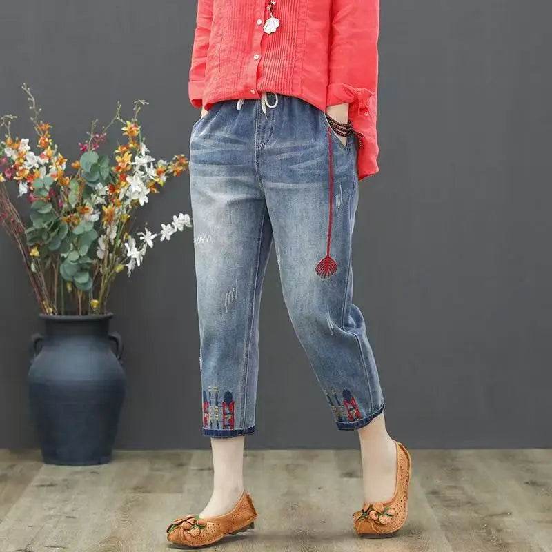 Womens Vintage Floral Loose Denim Pants 2025 Spring Chinese Style Casual Ripped Blue Jeans Holes Elastic Harem Trousers - AIAZ