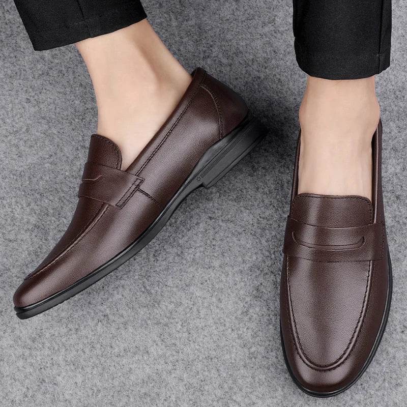 Classics Men's Brown Business Officially Shoes Leather Wedding Party Shoes for Men Quality Loafers Genuine Leather Pointed Shoes - AIAZ