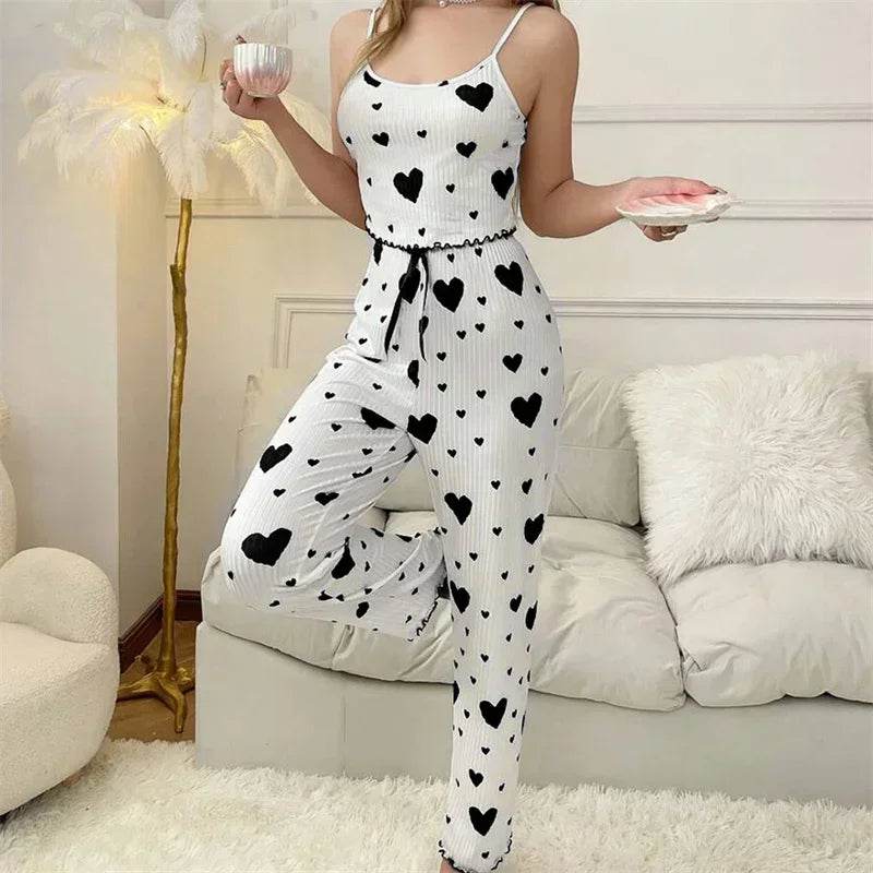 Women Sleepwear Autumn Winter Pajamas Sets Heart Print Sleeveless Cami Vest with Long Pants Trouser Set Sexy Lingerie Pyjamas - AIAZ