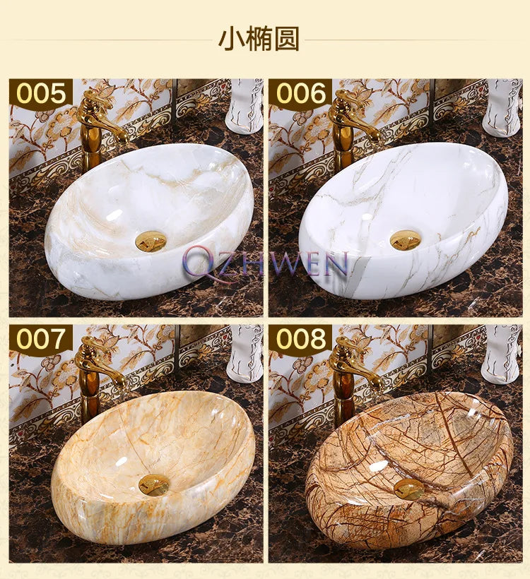 Marble Pattern Oval Bathroom Sink Home Stylish and Simple Ceramic Washbasin Hotel Balcony Countertop Art Basin for Washroom