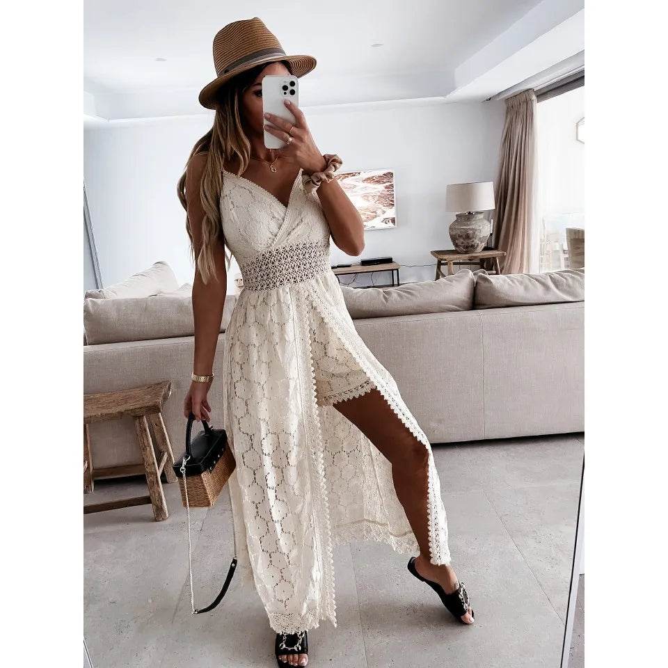 Women's Dress White Hollow Out Cotton Sundress Lace Sleeveless Long Splicing Summer Party Elegant Evening Woman Skirt Clothing - AIAZ