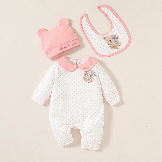 3Pcs Baby Girls Turn-down Collar Long Sleeve  Autumu Polka dot Jumpsuit Casual +Hat+Bib