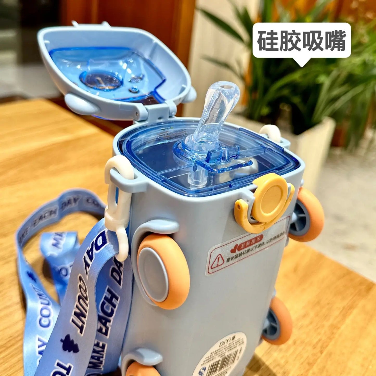 Baby Cute Panda Bus Portable Water Bottle with Shoulder Strap Kid Car Straw Water Cup Children's Water Bottle Drinking Cup