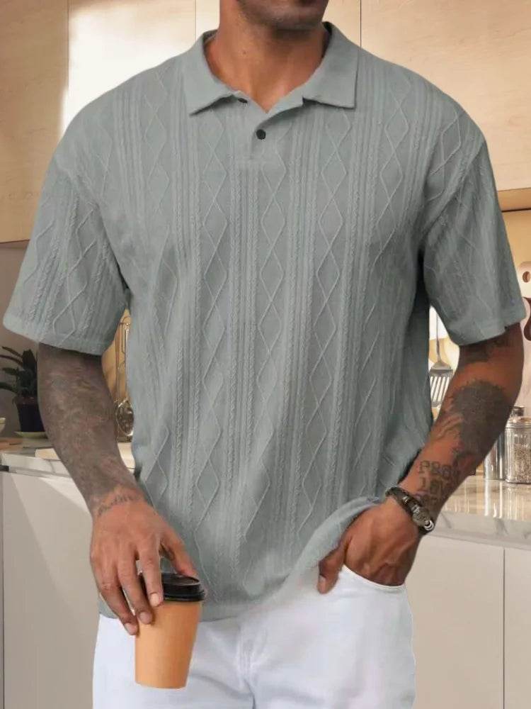 Men's 2025 retro loose texture knitted polo shirt with a lapel breathable high street casual fashion and comfortable short-sleev - AIAZ