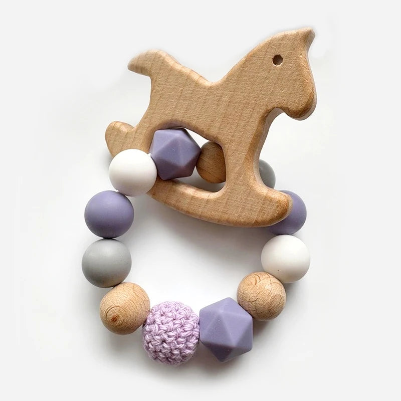 Baby Teether Bracelet Crochet Wood Crafts Engraved Bead Food Grade Silicone Beads Wood Animal Pendant Teething Toys For Rattle