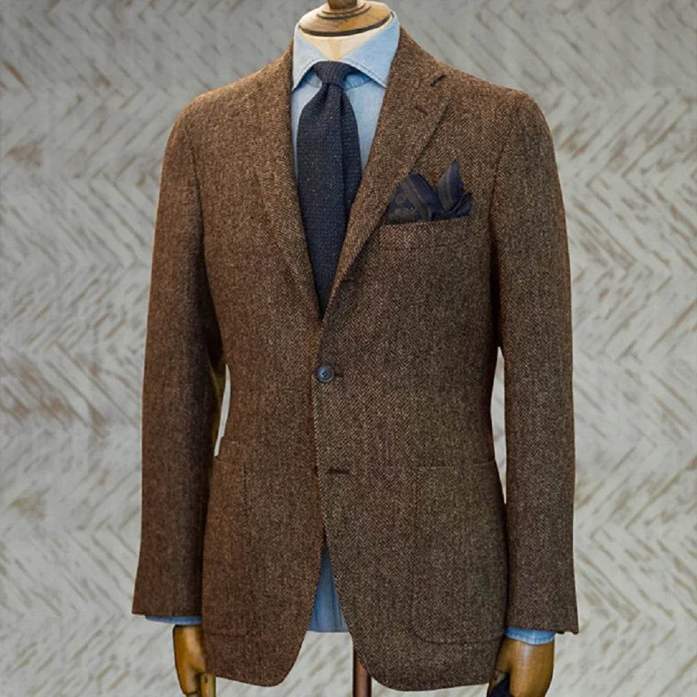 Men's Suit Brown Blazer Prom Tuxedos Herringbone Wool Tweed Single Breasted Formal Bussiness Jacket for Wedding（Only Coat） - AIAZ