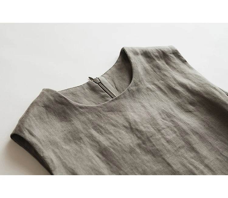 Linen Cotton Sleeveless Long Dress Vintage Slimming A Line Dress For Women Summer Solid O Neck Tank Robe Casual Clothes X1399 - AIAZ