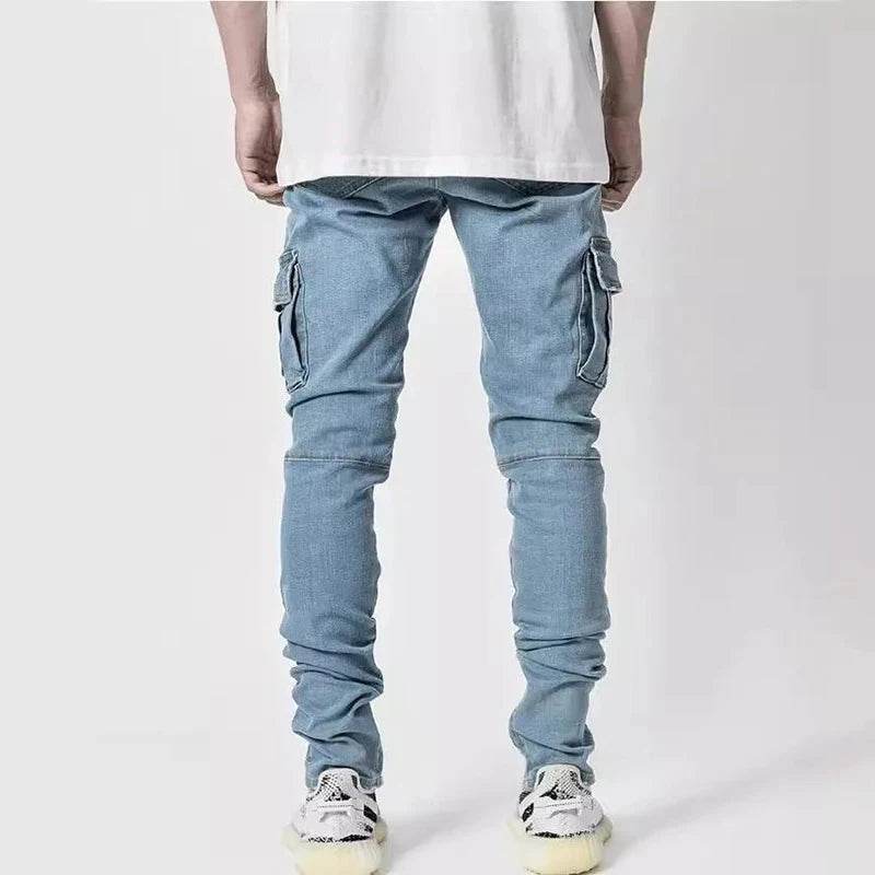 Men Street Elastic Denim Jeans Wash Solid Color Multi Pockets Cargo Pants Casual Slim Fit Daily Wear Joggers Mid Waist Trousers - AIAZ