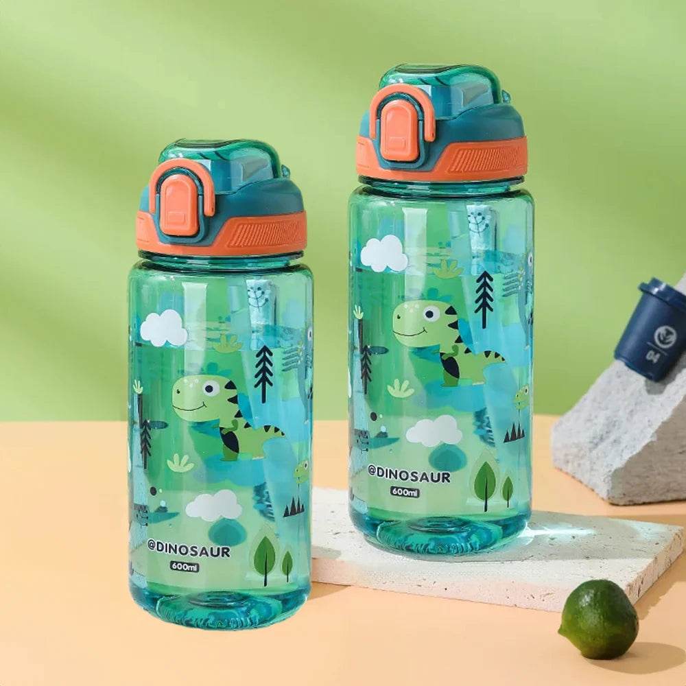 600ml Cartoon Animal Water Bottle Portable Safety Lock Cute Straw Cup Kids Leak-proof Drinking Jug For Outdoor Camping Travel - AIAZ