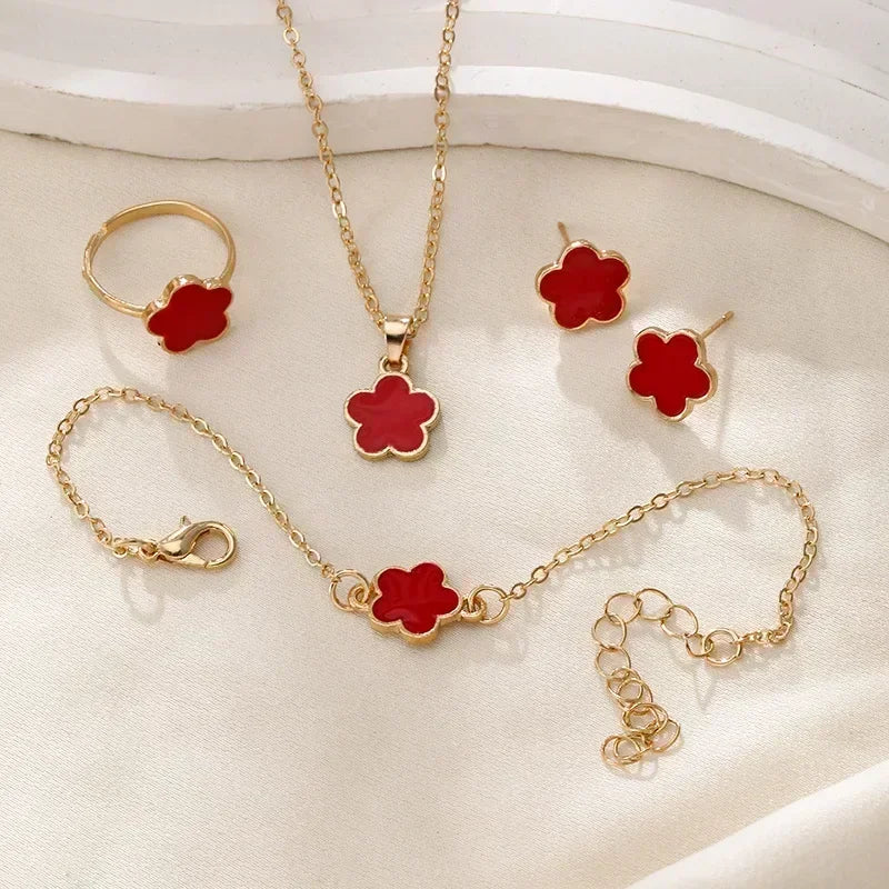 Lucky Five-petal Flower Clover Earrings Necklace Ring Bracelet Four-piece Set for Woman Fashionable Accessories Party Jewelry