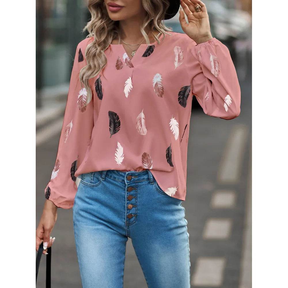 Fashion Woman Blouse Shirts For Women Stylish Top long Sleeve Feather Pattern Female Tops Elegant Chiffon Mujer Woman Clothes - AIAZ