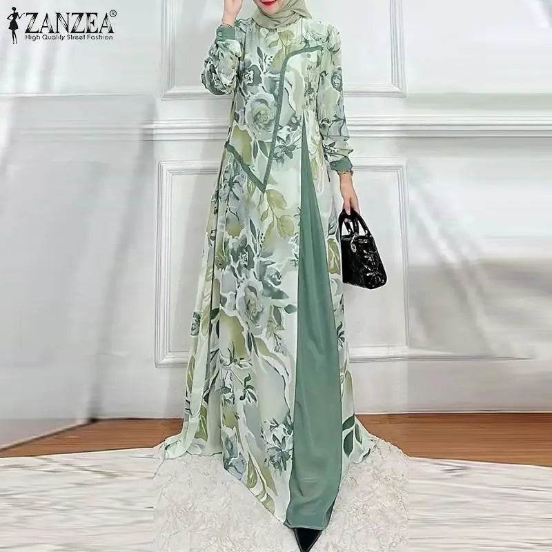 ZANZEA Muslim Fashion Floral Print Maxi Dress Women Elegant Fake Two-Piece Patchwork Abaya Vestidos Islamic Long Sleeve Robes - AIAZ