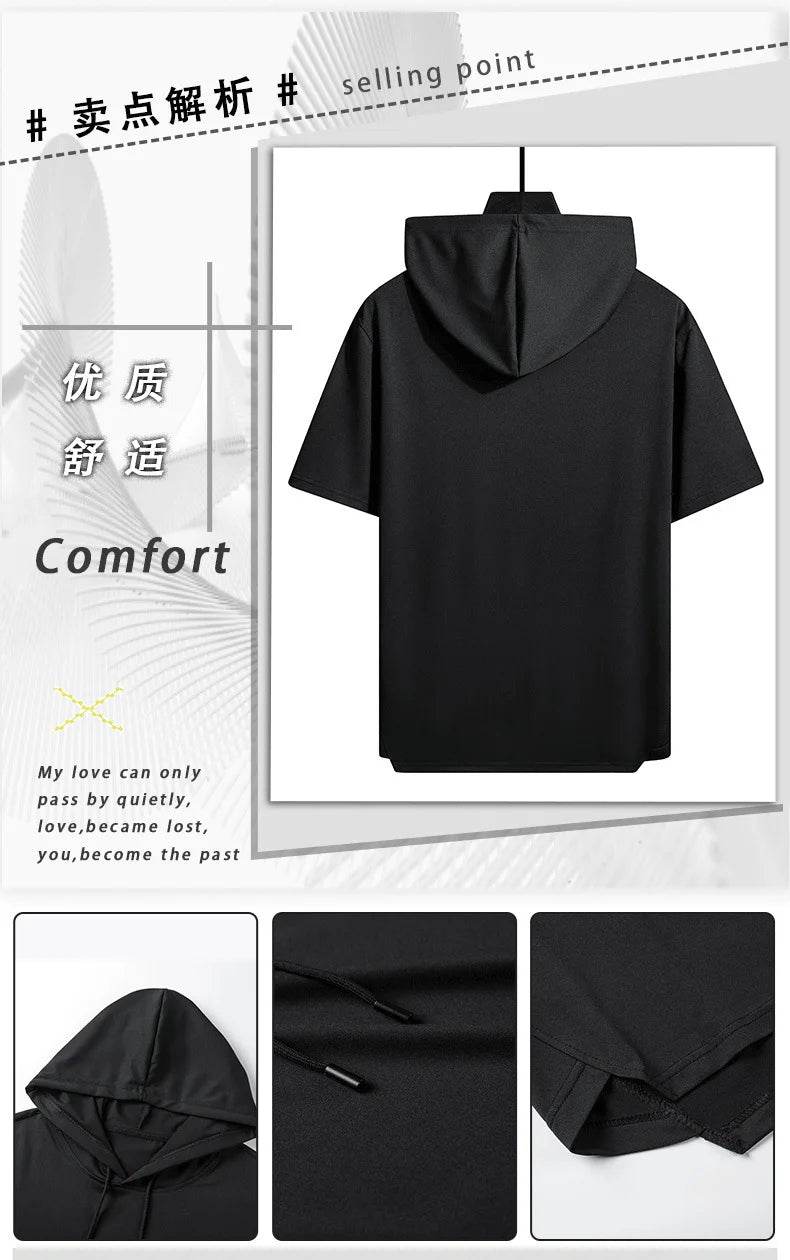 2025 Men's Summer Hoodies T-shirts Short Sleeve Solid Color Loose Hooded Drawstring Pullover Tops Basic Tees for Daily Wear Male - AIAZ