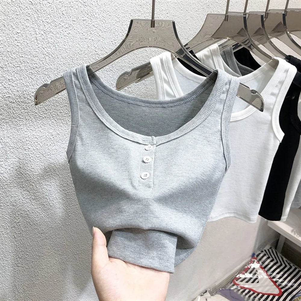 Tank Top for Women Ribbed Button Down Sleeveless Blouse Solid Color Casual Women's Teens Trendy Basic Summer Dresses - AIAZ