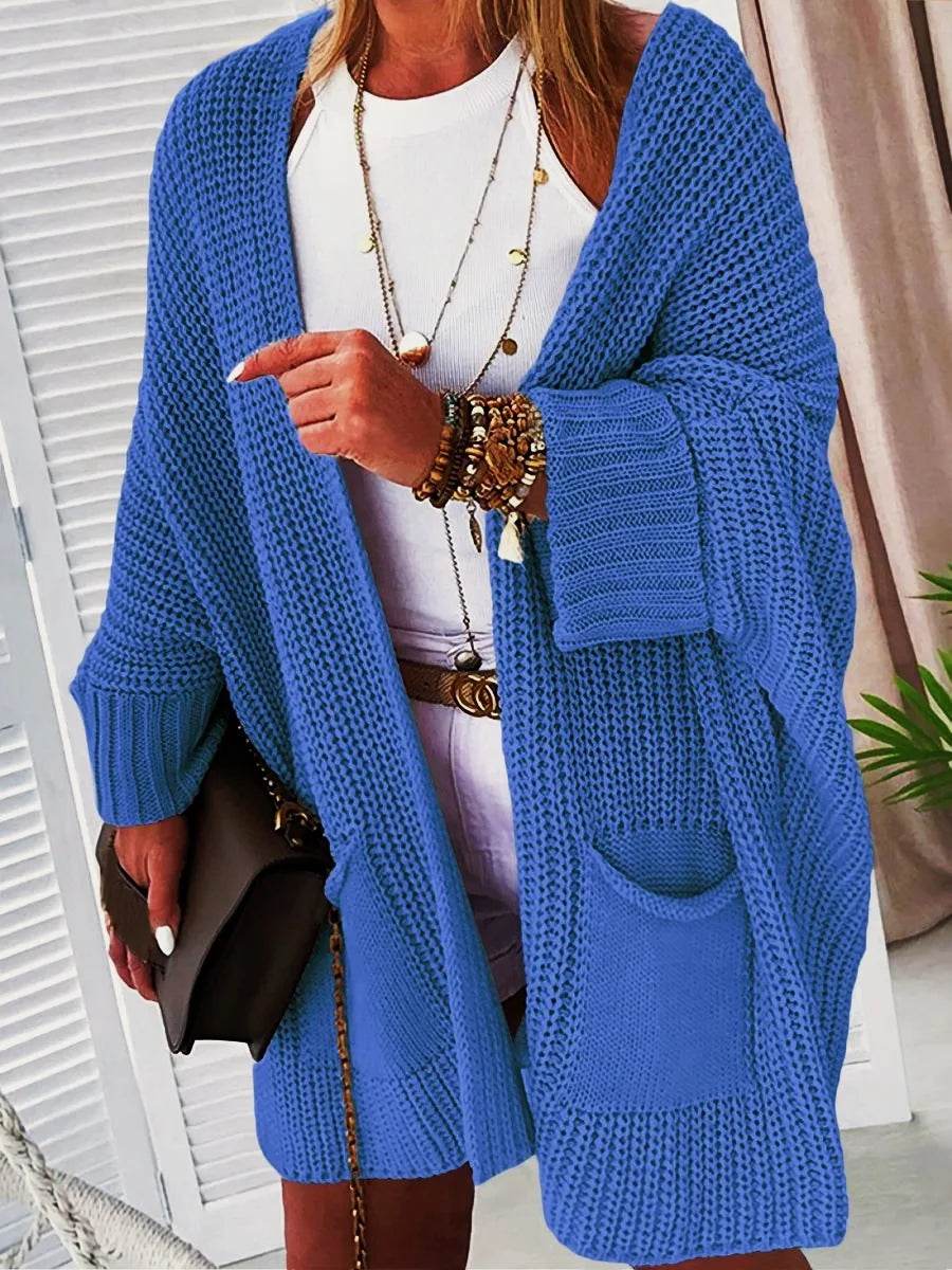 2025 New Knitted Long Cardigan for Women Autumn Casual Loose V-Neck Sweater Coats Ladies Elegant Solid Jumper Jacket with Pocket - AIAZ