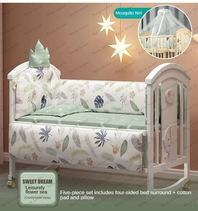 Solid wood spliced crib Multifunctional European style children's bed Movable newborn cradle large bed Baby Rest Chair