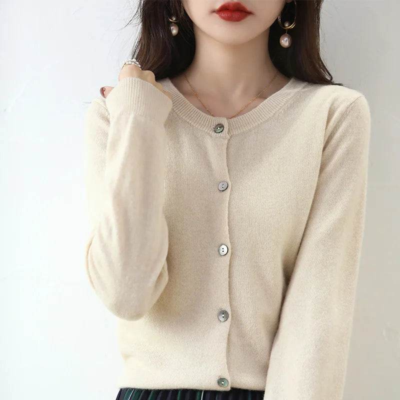 Knitted Cardigan Women's Sweater Autumn And Winter 2022 New Solid Color Coat Round Neck Short Long Sleeve Loose Korean Fashion - AIAZ