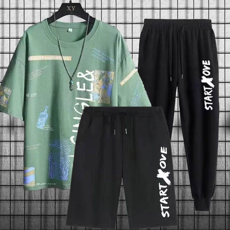 Trendy short-sleeved t-shirt youth quick-drying sports shorts three-piece summer men's casual thin student suit - AIAZ