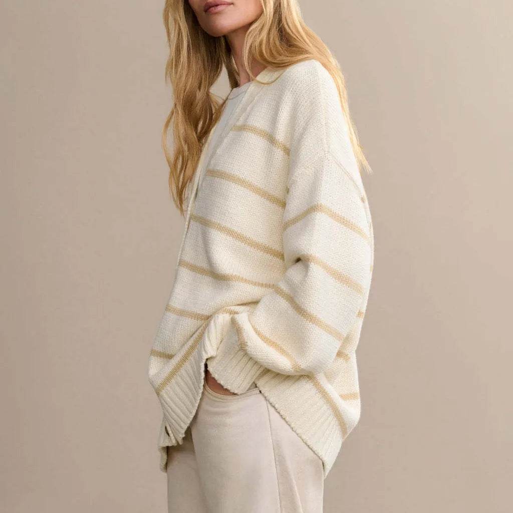 Casual Stripe Knitted Cardigan For Women 2025 Autumn Winter Single Breasted V-Neck Sweater Female Loose Coat - AIAZ