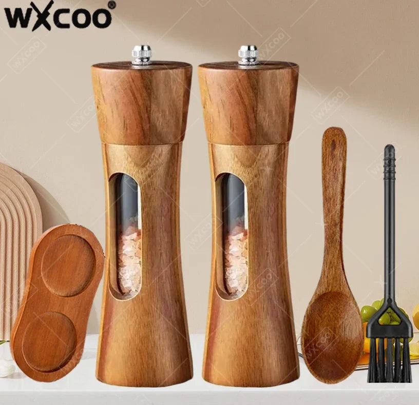 Wood Pepper Grinder Shaker Adjustable Ceramic Core Grinding Bottle with Base Wood Salt Pepper Mills for Kitchen Cooking BBQ