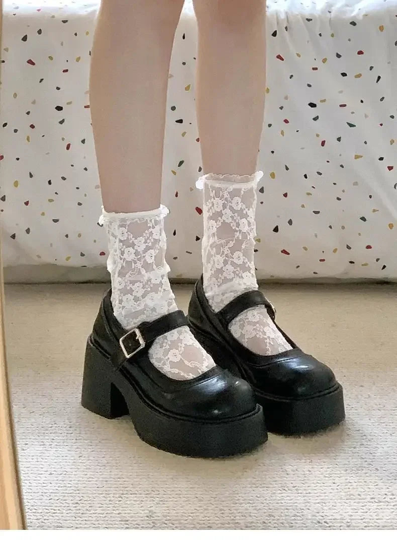 Brown Retro French Thick Heel Mary Janes Women's Shoes Spring 2025 New Style Heightening Flat Mouth High Heels Loafers Shoes