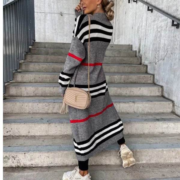 Women Sweater Spring Autumn Cardigan Coats Casual Stripes Knitted Cardigan Clothes Women Oversized Cardigan Long Sweater Coat - AIAZ