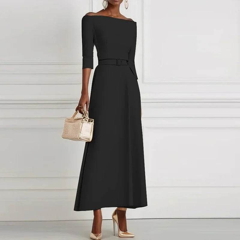 Elegant Party Dresses For Women One Shoulder Half Sleeve High Waisted A-Line Long Dress Women Offfice Dress White - AIAZ