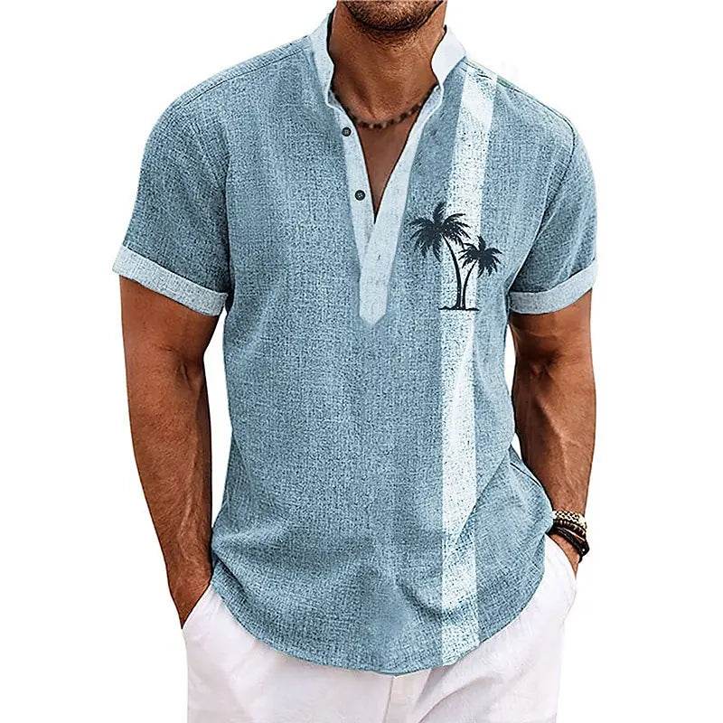 New Coconut Tree Striped 3D Print Henley Shirts Men's Oversized Button Stand Collar Short Sleeve T Shirt Tees Tops Man Clothing - AIAZ