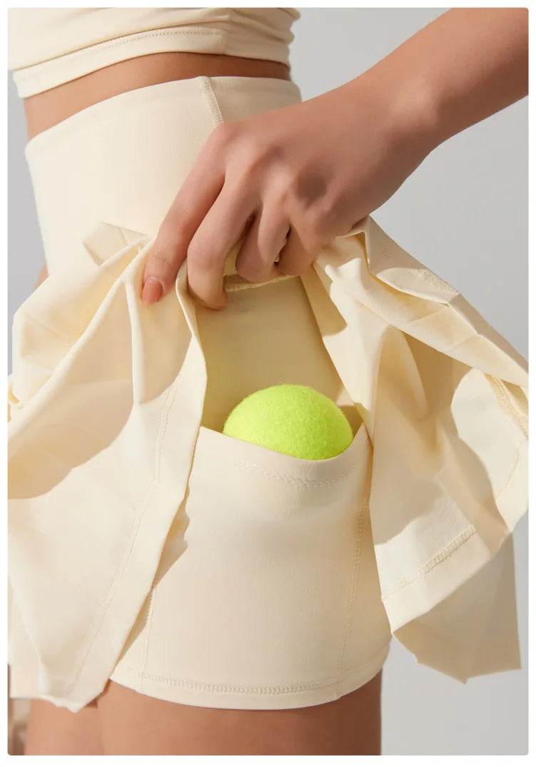Women Summer Tennis Skirt Solid Color Pleated 2 In 1 Running Skirt Breathable Quick Dry Pocket Badminton Skirt Short Sportswear - AIAZ