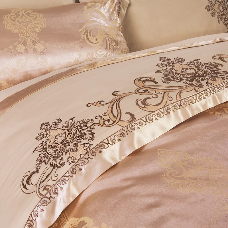 Sliver Gold Luxury Silk Satin Jacquard duvet cover bedding set queen king size Embroidery bed set bed sheet/Fitted sheet set