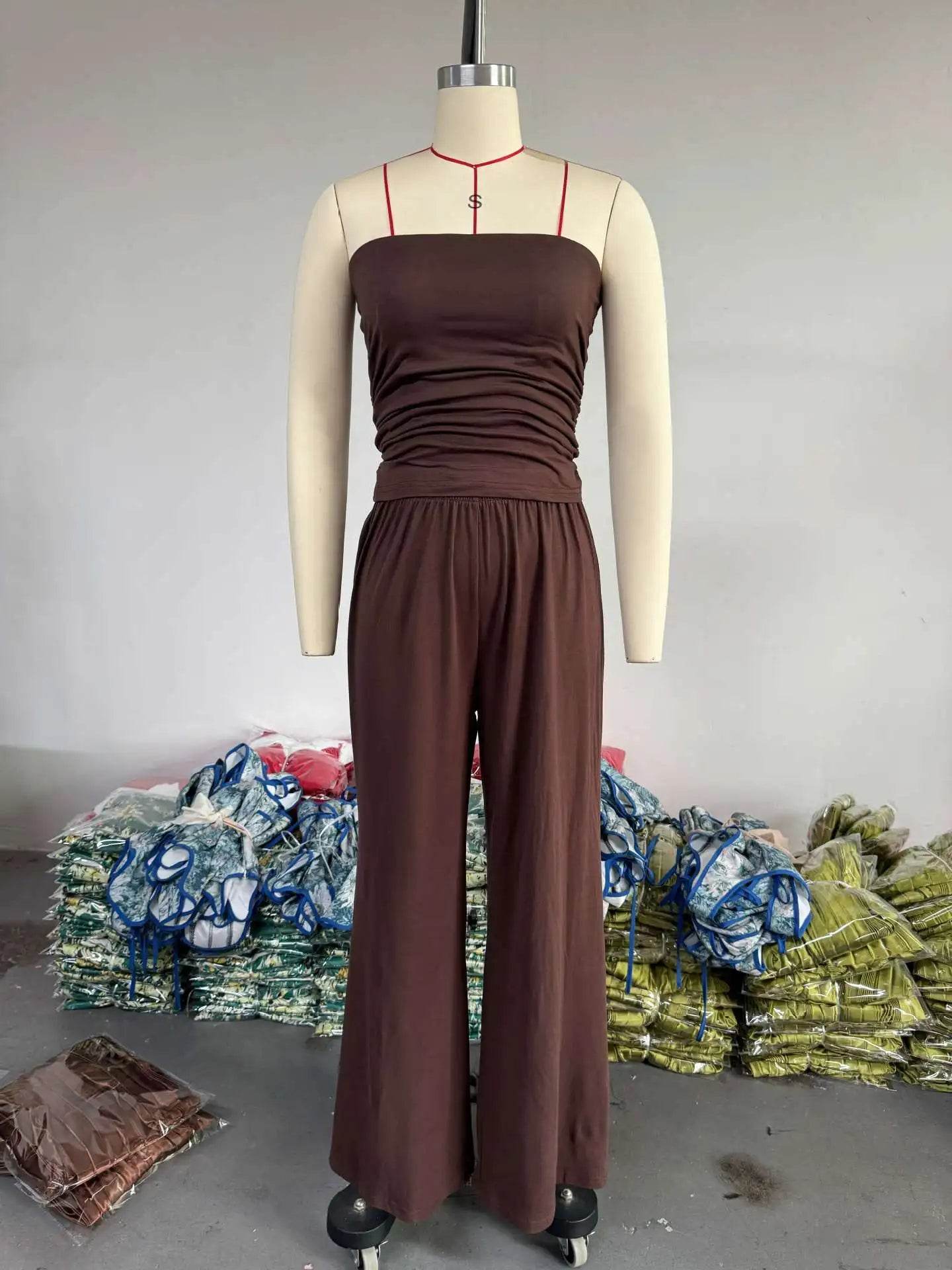 Pants Sets Women Solid Color Loose Long Cardigan Coat Tube Top High Waist Wide Leg Trousers Three Piece Set Casual Lady Suits - AIAZ