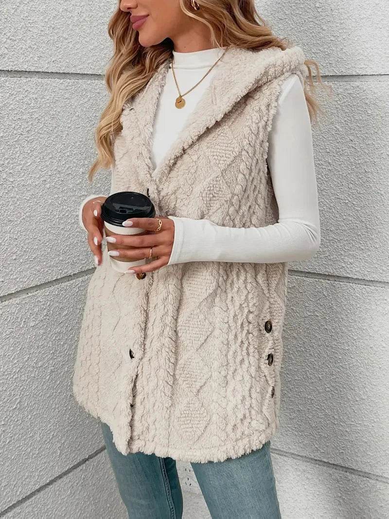 VigoCasey 2025 Casual Sleeveless Thick Vest Coat Woman Solid Hooded Warm Plush Waistcoat Lady Autumn Winter Apricot Vest Jacket - AIAZ