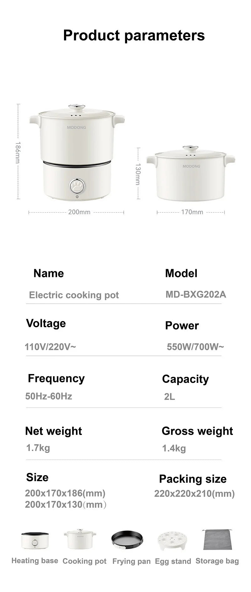 110V 220V Electric Cooking Pot 2L Folding Hotpot Multicooker Fried Pan Rice Cooker Dual Voltage Electric Skillet For Travel