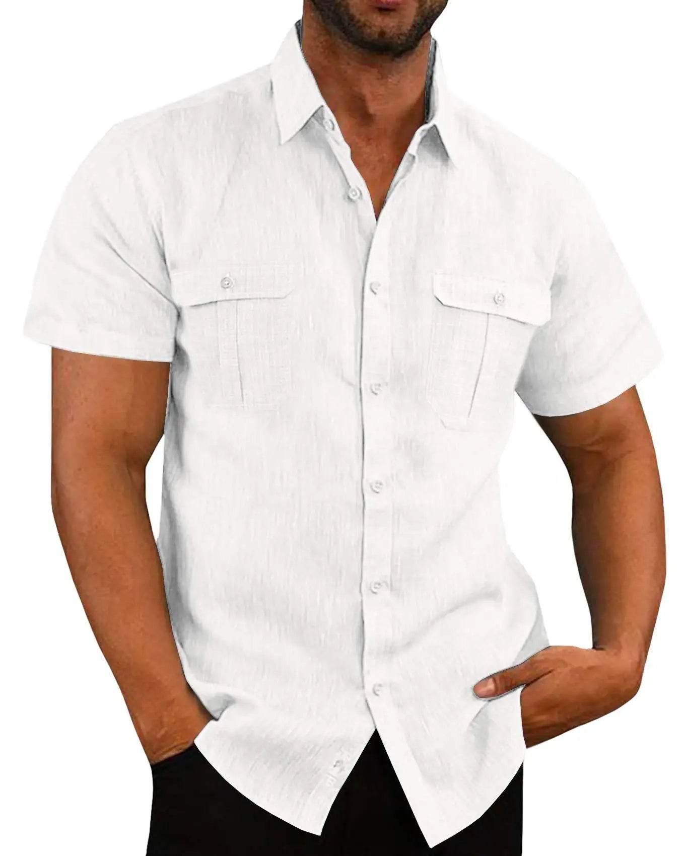 Shirts for Men Handmade Shirt Man Double Pocket Shirt Short Sleeve Men Shirt Linen Shirts for Men Men Cotton Shirt Short Sleeve - AIAZ