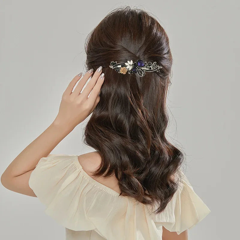 Red Crystal Flower Bow Spring Hairpin Vintage Ink Blue Rhinestone Horizontal Clip Top Clip Elegant Mom Fashion Hairpin Korean
