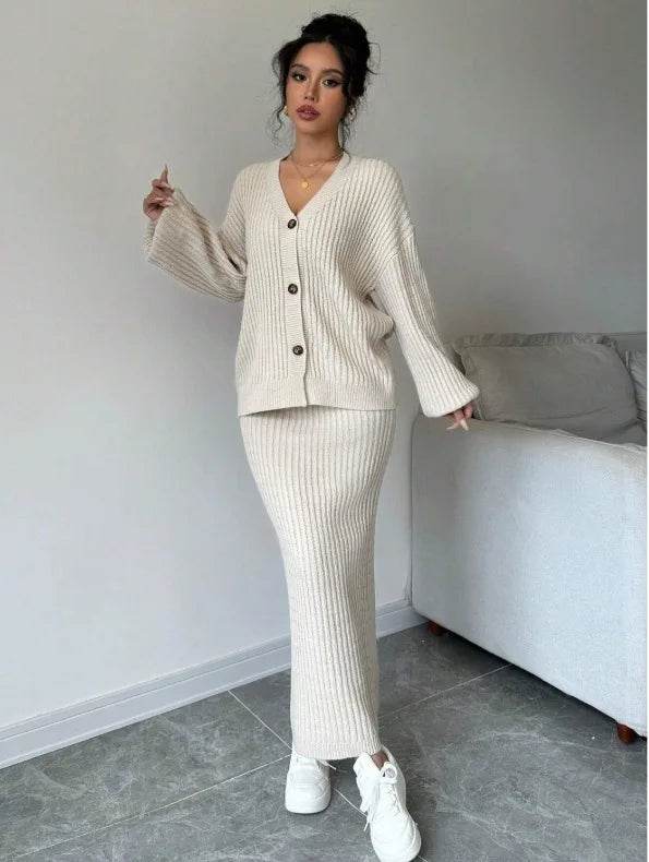 Women's Long Sleeved Jacket Sweater V-neck Cardigan Loose Two-piece Set Solid Color Knitted Hip Skirt Set - AIAZ
