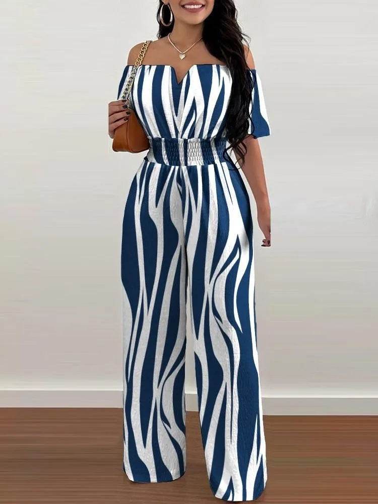 Lady Print High Waist Jumpsuit Sexy Off Shoulder Short Sleeve Wide Leg Pants Jumpsuits Women Fashion Casual Summer Women Clothes - AIAZ