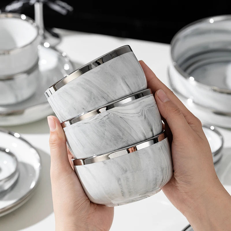 Light Luxury Ceramic Tableware Set Marble Fish Plates With Silver Rim Household Hotel LArge Capacity Soup Bowl Deep Plates