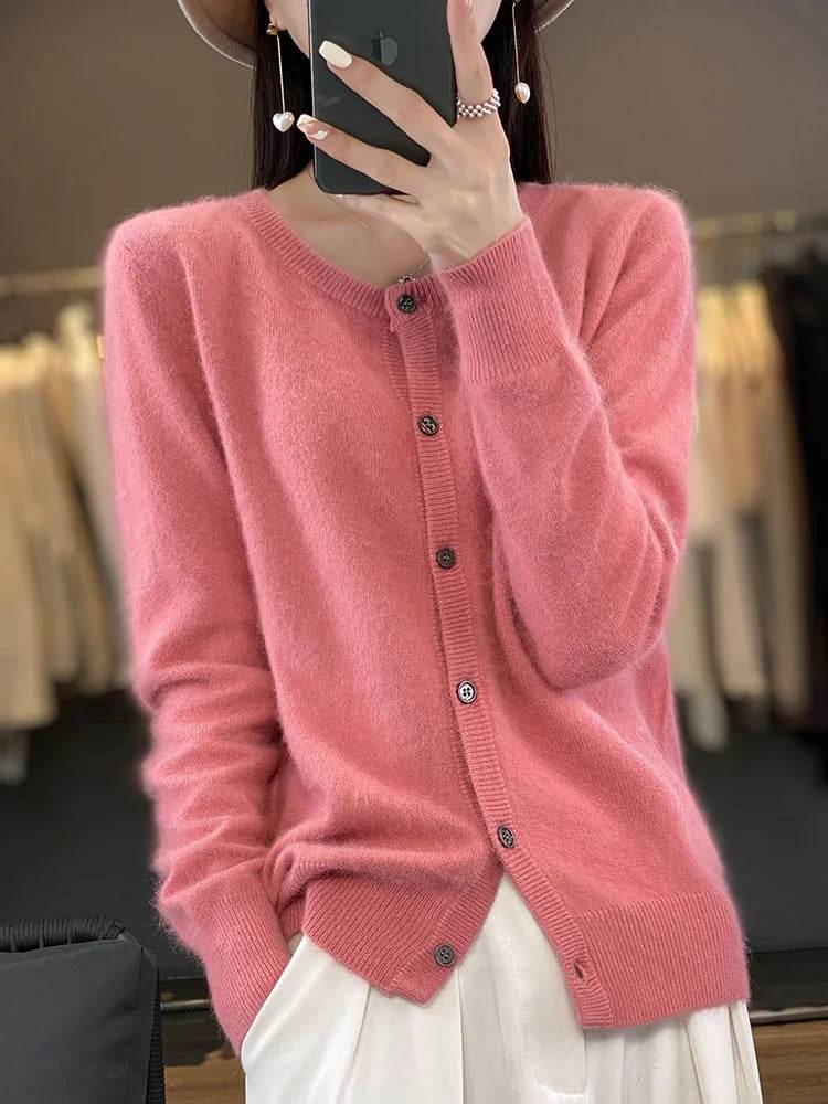 Women's Cardigan 100% Mink Cashmere Sweater,O-Neck Long Sleeve Top,Plus-Size Loose,Spring and Autumn Soft Knitted Jacket Female - AIAZ
