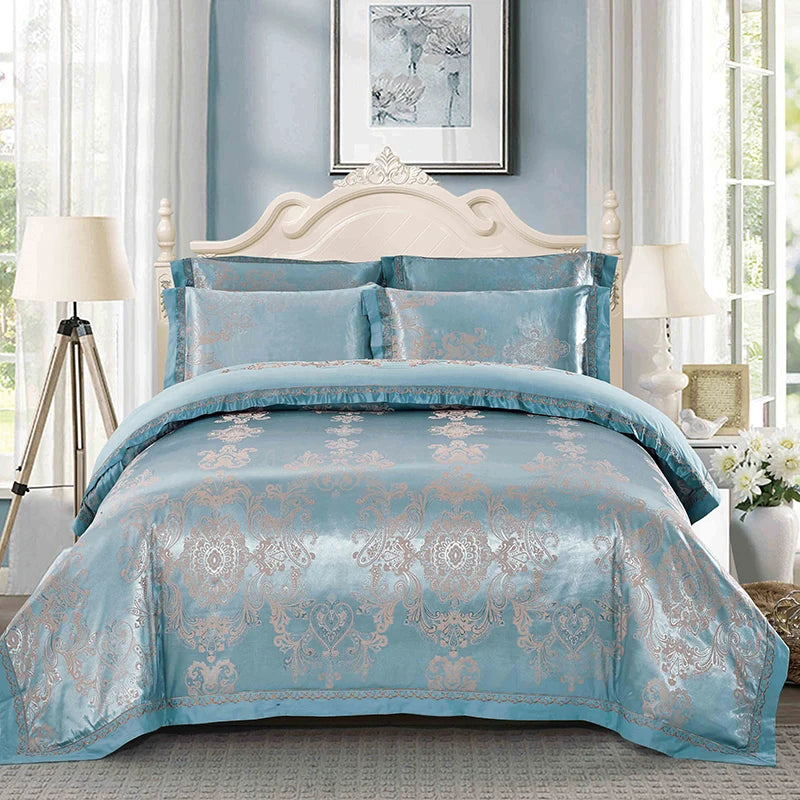 Sliver Gold Luxury Silk Satin Jacquard duvet cover bedding set queen king size Embroidery bed set bed sheet/Fitted sheet set