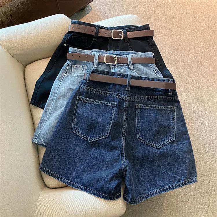 Denim shorts women's summer new trendy Instagram high waist simple slimming loose wide leg versatile A-line hot pants - AIAZ
