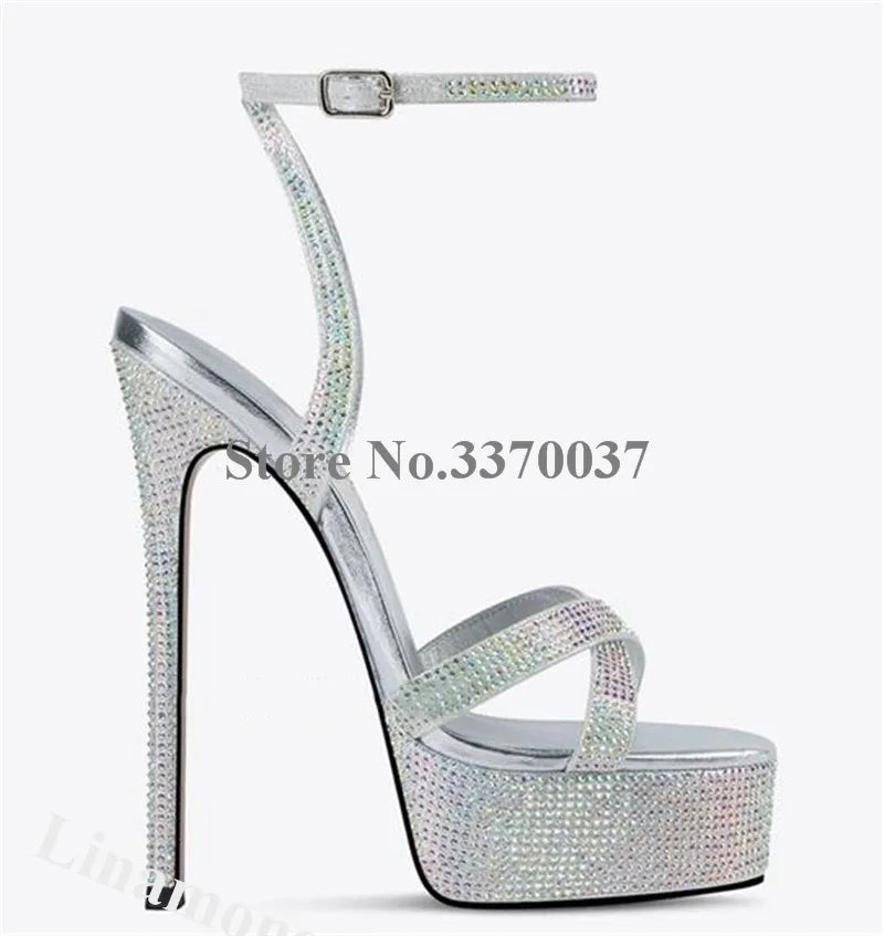 Bling Bling Rhinestones Sandals Linamong Charming Black Silver Crystals Platform Stiletto Heel Dress Shoes Wedding Party Heels