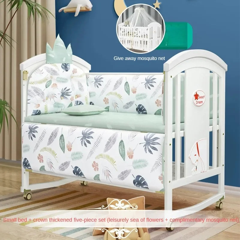 Solid wood spliced crib Multifunctional European style children's bed Movable newborn cradle large bed Baby Rest Chair