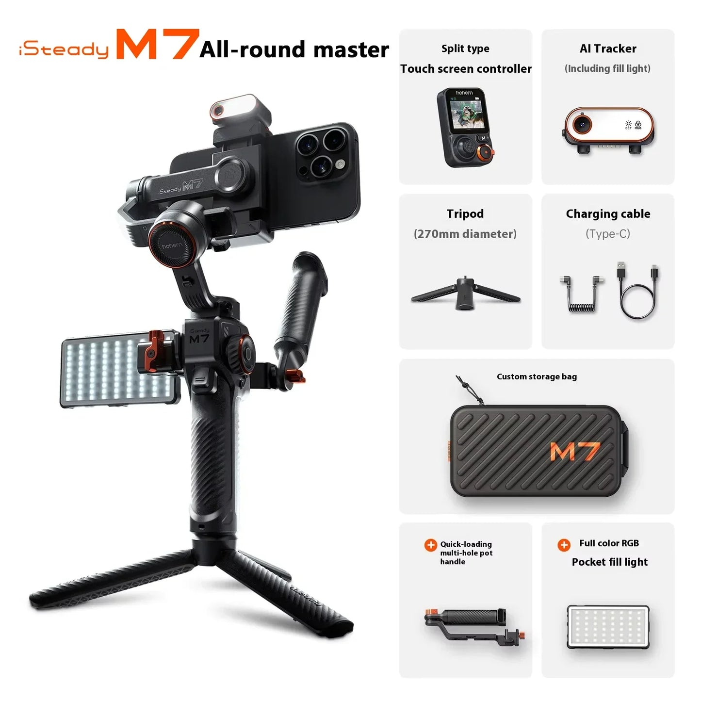 Hohem M7 iSteady M7 Smartphone Gimbal AI Tracker Fill Light Detachable Control Screen Extension Rod for iPhone TikTok YouTube
